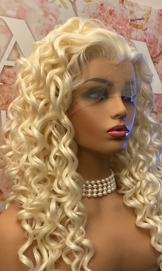PREMIUM CURLY ICY PLATINUM BLONDE HUMAN HAIR BLEND LACEFRONT WIG