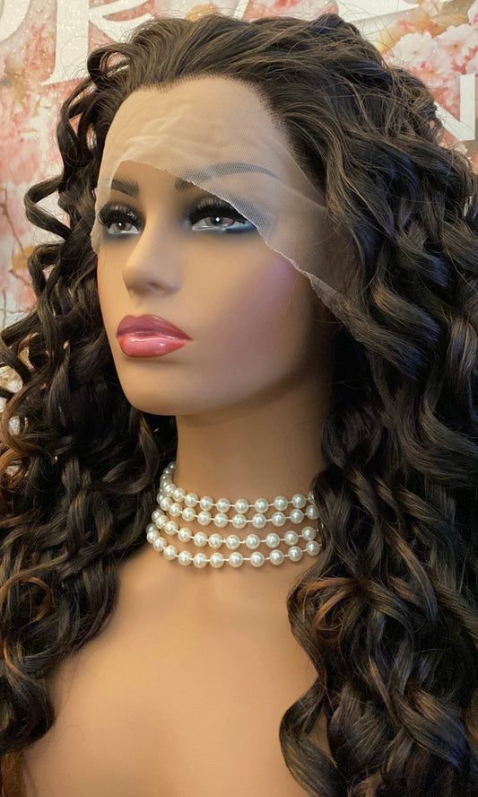 PREMIUM BROWN HIGHLIGHTED CURLY HUMAN HAIR BLEND LACEFRONT WIG