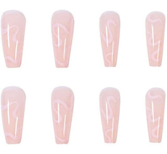 TRANSPARENT JELLY NAILS WITH PINK LINES SWIRLS COFFIN SHAPE LONG
